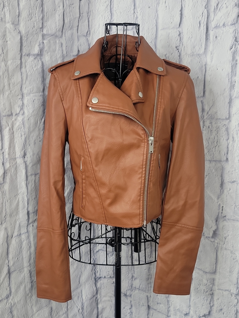 7 For All Mankind XS Cognac Faux Leather Moto Biker Jacket